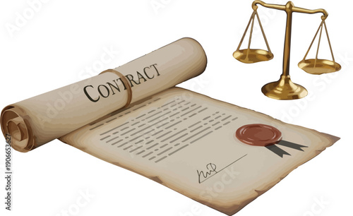 A rolled contract with a red seal and golden scales of justice beside it, symbolizing law and agreement