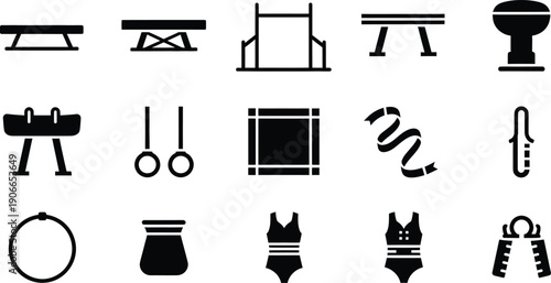 A set of black and white icons representing various pieces of equipment used in gymnastics and swimming.