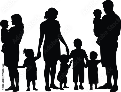 Big family silhouettes with parents holding babies and children together, loving family care concept, black figures isolated on white background