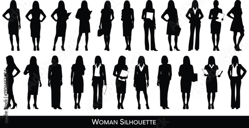 Business women silhouettes standing isolated on white background, professional female poses set, office career concept, black vector illustration collection