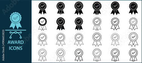 Award, Certification Icon Set, Premium Medal, Prize, Badge, Ribbon, Verification, Quality, Achievement Vector Icons, Solid, Outline.