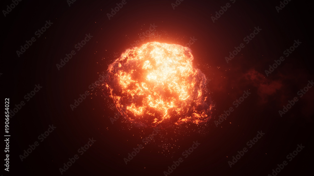 Obraz premium 激しく燃え上がる大爆発の火炎と煙｜黒背景
