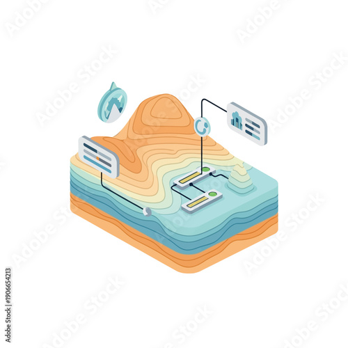 Isometric vector illustration visualizing complex data flow and interconnected digital systems across a layered landscape, highlighting environmental insights and technological integration