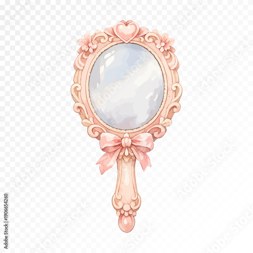 Elegant watercolor hand mirror with ornate frame and bow, romantic vintage beauty illustration in soft pink tones, feminine decor element isolated on transparent background. Vector illustration
