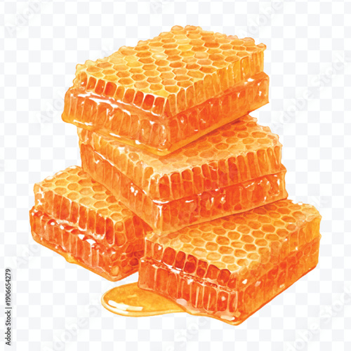 realistic four stacked honeycomb pieces with dripping honey in different style isolated on transparent background