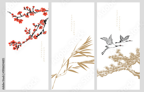 vector illustration of a cherry blossom flower, bonsai tree, crane birds and bamboo branch background. in traditional style.