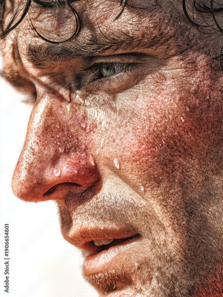 Obraz premium Close portrait of an exhausted runner after extreme effort, face distorted by fatigue, skin red and bruised, salt streaks from sweat, dirt on jawline, euphoric expression