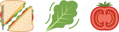 Simple flat icons of a sandwich, lettuce leaf, and tomato slice on white background