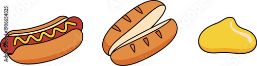 Simple cartoon illustration of a hot dog, bun, and mustard blob on a white background