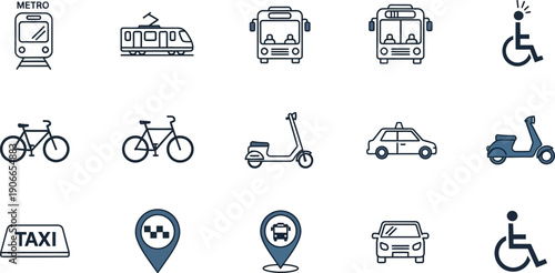Transportation icons: cars, bikes, public transport, and accessibility