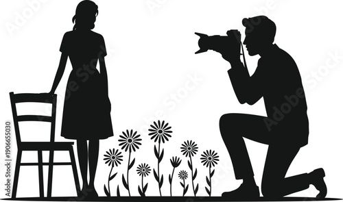 Black silhouette photographer taking picture of woman model outdoor isolated on white background photography art creative illustration scene
