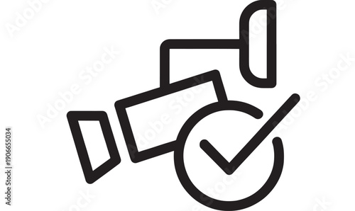 CCTV camera icon with check mark badge, minimal black outline security surveillance symbol for verified monitoring, protection approval, inspection, and safety control UI