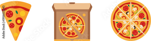 Collection of pizza slices, whole pizza, and pizza in a box, flat design