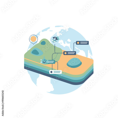 Global environmental science infographic showcasing Earth's layered geology, natural resource distribution, climate processes, and ecological systems with illustrative data visualization elements