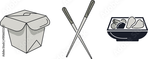 Simple vector icons of Asian food delivery items: takeout box, chopsticks, and bowl of food