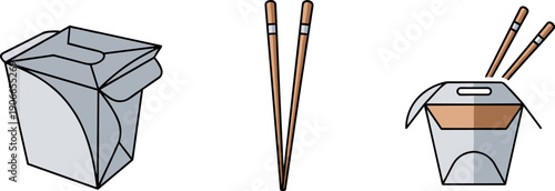 Asian takeout food containers and chopsticks illustration on a white background