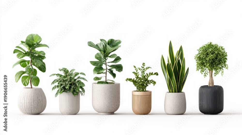 Obraz premium Collection of diverse potted houseplants arranged in a row against a clean white background