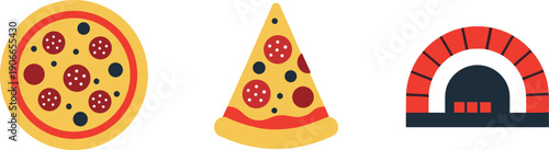 Whole pizza, slice, and brick oven icons representing Italian food preparation and enjoyment