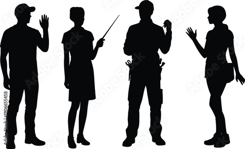 Black silhouette professional workers communicating gesturing standing together isolated on white background industry service occupation illustration set