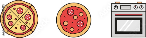 Simple flat icons of pizza and oven, representing cooking and food preparation