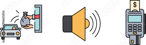 Icons depicting financial transactions, sound, and a drive-through money exchange