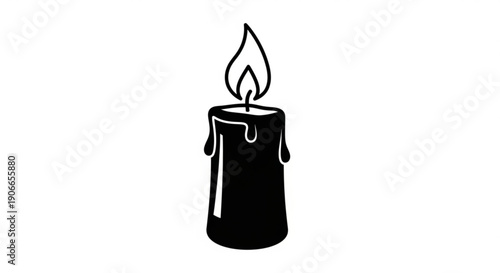 Black candle with melting wax and flame on white background