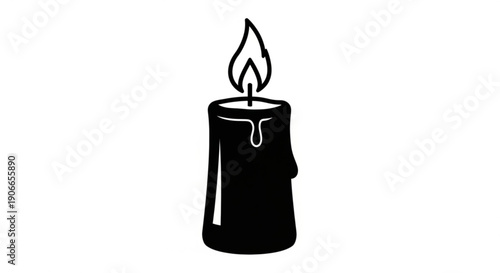Black candle with melting wax and flame on white background