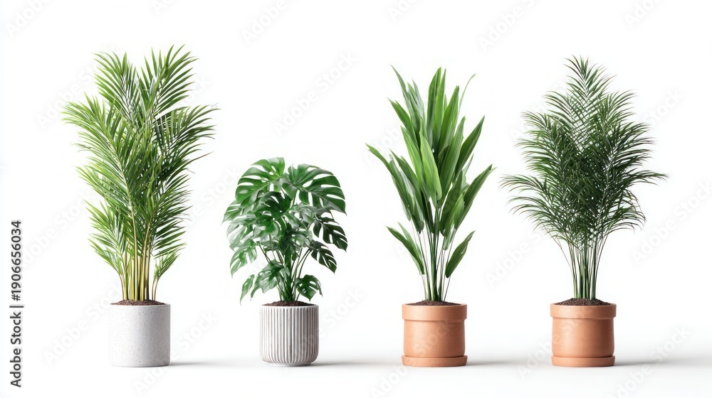 Fototapeta premium Collection of four diverse potted houseplants arranged on a clean white background