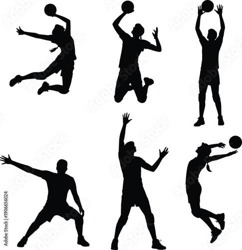 Black silhouette volleyball players jumping, serving, spiking, blocking in action, isolated on white background, sport motion set illustration