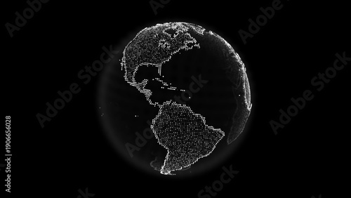 Digital white dotted planet earth isolated on a black background. Rotating stylized world globe with square particles. Big data technology, business, communication, or digital concept