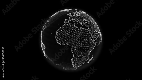 Digital white dotted planet earth isolated on a black background. Rotating stylized world globe with square particles. Big data technology, business, communication, or digital concept