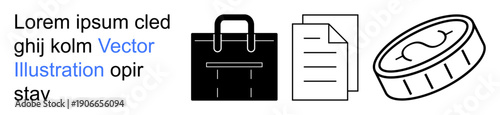 Business operations, financial planning, office work, money management, productivity, task organization. Minimalist icons of a briefcase, documents and a coin. Business operations and financial