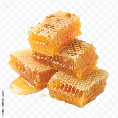 realistic four stacked honeycomb pieces with dripping honey in different style isolated on transparent background