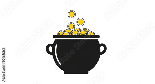 Black cauldron overflowing with gold coins on white background