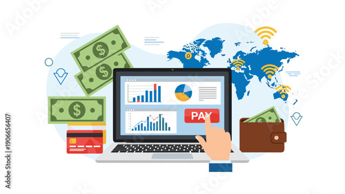 Global digital payment and financial technology concept with a laptop displaying various charts and payment tools.