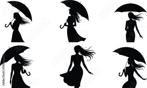 Black silhouette women holding umbrella walking in wind elegant female figures isolated on white background rainy weather illustration set