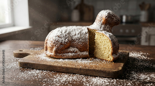 Traditional Easter Lamb Cake With Powdered Sugar Crust: Symbolic Holiday Dessert On Rustic Wooden Board In Sunlit Home Kitchen