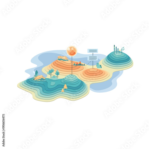 Conceptual layered landscape illustration with abstract topographic design, representing data visualization, strategic growth, or progress on a stylized map