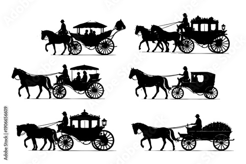 Vintage horse-drawn carriages in silhouette.