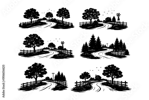 Black and white rural landscapes with trees and fences in countryside scenery.