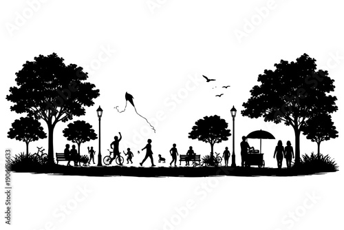 Silhouette of people enjoying park activities under trees.