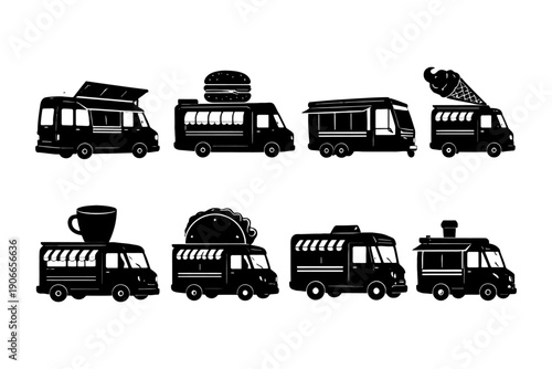 Silhouette icons of diverse food trucks with snacks and beverages.
