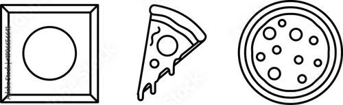 Simple line art icons of a square with a circle, a slice of pizza, and a whole pizza