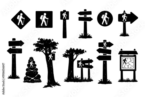 Silhouette hiking trail signs in various shapes and directions.
