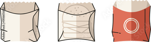 Three paper bags for takeaway food, one with a burger illustration and another with a logo