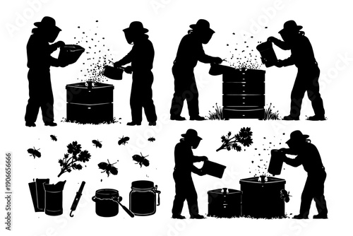 Silhouettes of beekeepers harvesting honey and bees with tools.