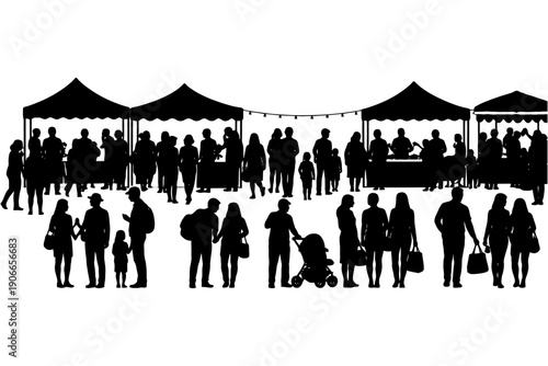 Silhouette crowd at outdoor market with tents and diverse groups.