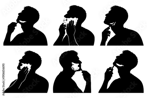 Silhouettes of young caucasian male shaving with foam in various poses.