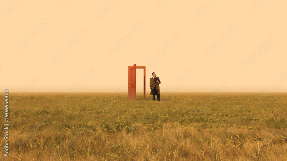 © master1305 - Conceptual poster man stepping through open door in field. Concept of life transition, new opportunity, personal change, motivational branding, career coaching visuals and symbolic advertising.