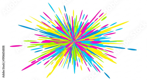 Vibrant multicolored explosion of yellow pink and blue lines radiating outward on white background